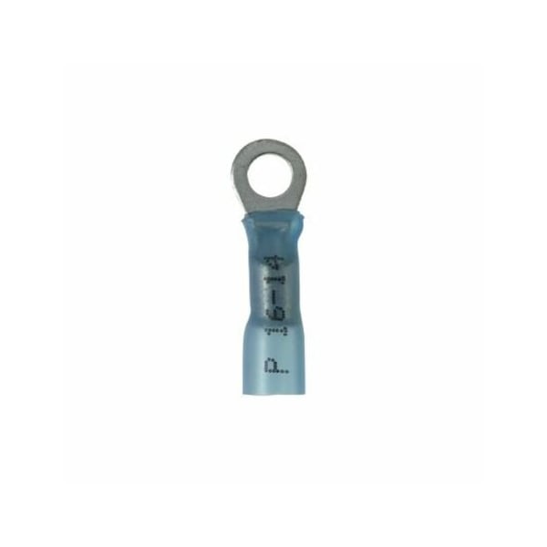Ring Terminal, #8 Stud Size, 14 AWG, 600 V, Heat Shrink Insulated, Blue, 25 PK